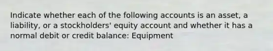 Indicate whether each of the following accounts is an asset, a liability, or a stockholders' equity account and whether it has a normal debit or credit balance: Equipment