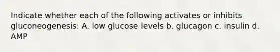 Indicate whether each of the following activates or inhibits gluconeogenesis: A. low glucose levels b. glucagon c. insulin d. AMP