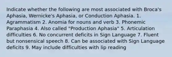 Indicate whether the following are most associated with Broca's Aphasia, Wernicke's Aphasia, or Conduction Aphasia. 1. Agrammatism 2. Anomia for nouns and verb 3. Phonemic Paraphasia 4. Also called "Production Aphasia" 5. Articulation difficulties 6. No concurrent deficits in Sign Language 7. Fluent but nonsensical speech 8. Can be associated with Sign Language deficits 9. May include difficulties with lip reading