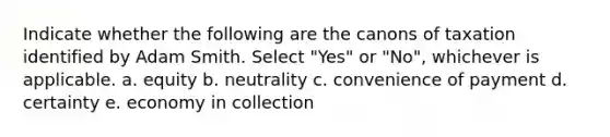 Indicate whether the following are the canons of taxation identified by Adam Smith. Select "Yes" or "No", whichever is applicable. a. equity b. neutrality c. convenience of payment d. certainty e. economy in collection