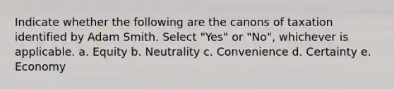 Indicate whether the following are the canons of taxation identified by Adam Smith. Select "Yes" or "No", whichever is applicable. a. Equity b. Neutrality c. Convenience d. Certainty e. Economy