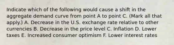 Indicate which of the following would cause a shift in the aggregate demand curve from point A to point C. ​(Mark all that​ apply.) A. Decrease in the U.S. exchange rate relative to other currencies B. Decrease in the price level C. Inflation D. Lower taxes E. Increased consumer optimism F. Lower interest rates