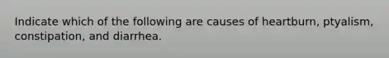 Indicate which of the following are causes of heartburn, ptyalism, constipation, and diarrhea.