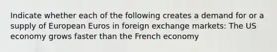 Indicate whether each of the following creates a demand for or a supply of European Euros in foreign exchange markets: The US economy grows faster than the French economy