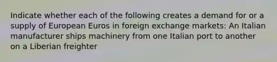 Indicate whether each of the following creates a demand for or a supply of European Euros in foreign exchange markets: An Italian manufacturer ships machinery from one Italian port to another on a Liberian freighter