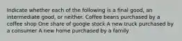 Indicate whether each of the following is a final​ good, an intermediate​ good, or neither. Coffee beans purchased by a coffee shop One share of google stock A new truck purchased by a consumer A new home purchased by a family