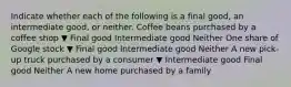 Indicate whether each of the following is a final​ good, an intermediate​ good, or neither. Coffee beans purchased by a coffee shop ▼ Final good Intermediate good Neither One share of Google stock ▼ Final good Intermediate good Neither A new​ pick-up truck purchased by a consumer ▼ Intermediate good Final good Neither A new home purchased by a family