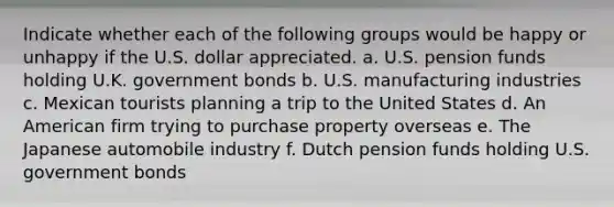 Indicate whether each of the following groups would be happy or unhappy if the U.S. dollar appreciated. a. U.S. pension funds holding U.K. government bonds b. U.S. manufacturing industries c. Mexican tourists planning a trip to the United States d. An American firm trying to purchase property overseas e. The Japanese automobile industry f. Dutch pension funds holding U.S. government bonds