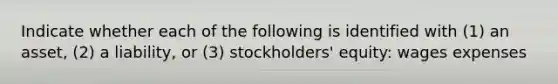 Indicate whether each of the following is identified with (1) an asset, (2) a liability, or (3) stockholders' equity: wages expenses