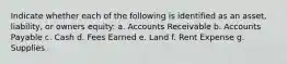 Indicate whether each of the following is identified as an asset, liability, or owners equity: a. Accounts Receivable b. Accounts Payable c. Cash d. Fees Earned e. Land f. Rent Expense g. Supplies