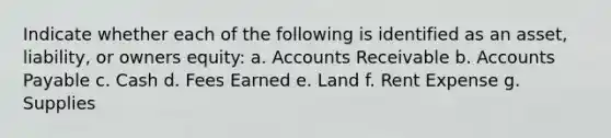 Indicate whether each of the following is identified as an asset, liability, or owners equity: a. Accounts Receivable b. Accounts Payable c. Cash d. Fees Earned e. Land f. Rent Expense g. Supplies