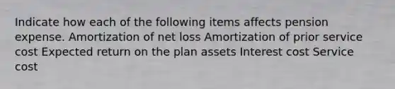 Indicate how each of the following items affects pension expense. Amortization of net loss Amortization of prior service cost Expected return on the plan assets Interest cost Service cost