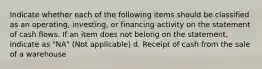 Indicate whether each of the following items should be classified as an operating, investing, or financing activity on the statement of cash flows. If an item does not belong on the statement, indicate as "NA" (Not applicable) d. Receipt of cash from the sale of a warehouse