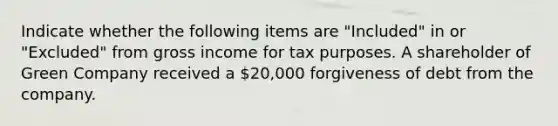 Indicate whether the following items are "Included" in or "Excluded" from gross income for tax purposes. A shareholder of Green Company received a 20,000 forgiveness of debt from the company.