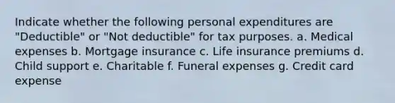 Indicate whether the following personal expenditures are "Deductible" or "Not deductible" for tax purposes. a. Medical expenses b. Mortgage insurance c. Life insurance premiums d. Child support e. Charitable f. Funeral expenses g. Credit card expense