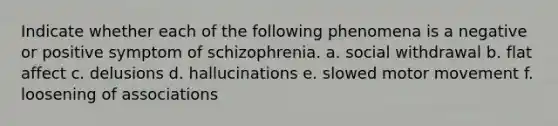 Indicate whether each of the following phenomena is a negative or positive symptom of schizophrenia. a. social withdrawal b. flat affect c. delusions d. hallucinations e. slowed motor movement f. loosening of associations