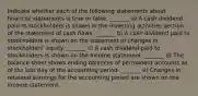 Indicate whether each of the following statements about financial statements is true or false. _______ a) A cash dividend paid to stockholders is shown in the investing activities section of the statement of cash flows. _______ b) A cash dividend paid to stockholders is shown on the statement of changes in stockholders' equity. _______ c) A cash dividend paid to stockholders is shown on the income statement. _______ d) The balance sheet shows ending balances of permanent accounts as of the last day of the accounting period. _______ e) Changes in retained earnings for the accounting period are shown on the income statement.