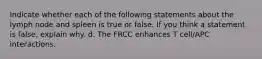 Indicate whether each of the following statements about the lymph node and spleen is true or false. If you think a statement is false, explain why. d. The FRCC enhances T cell/APC interactions.