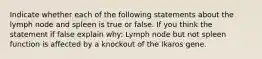 Indicate whether each of the following statements about the lymph node and spleen is true or false. If you think the statement if false explain why: Lymph node but not spleen function is affected by a knockout of the Ikaros gene.