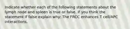 Indicate whether each of the following statements about the lymph node and spleen is true or false. If you think the statement if false explain why: The FRCC enhances T cell/APC interactions.