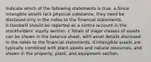 Indicate which of the following statements is true. a.Since intangible assets lack physical substance, they need be disclosed only in the notes to the financial statements. b.Goodwill should be reported as a contra account in the stockholders' equity section. c.Totals of major classes of assets can be shown in the balance sheet, with asset details disclosed in the notes to the financial statements. d.Intangible assets are typically combined with plant assets and natural resources, and shown in the property, plant, and equipment section.