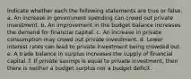 Indicate whether each the following statements are true or false. a. An increase in government spending can crowd out private investment. b. An improvement in the budget balance increases the demand for financial capital. c. An increase in private consumption may crowd out private investment. d. Lower interest rates can lead to private investment being crowded out. e. A trade balance in surplus increases the supply of financial capital. f. If private savings is equal to private investment, then there is neither a budget surplus nor a budget deficit.