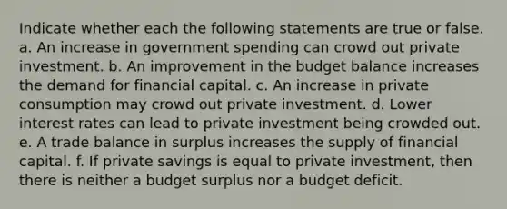 Indicate whether each the following statements are true or false. a. An increase in government spending can crowd out private investment. b. An improvement in the budget balance increases the demand for financial capital. c. An increase in private consumption may crowd out private investment. d. Lower interest rates can lead to private investment being crowded out. e. A trade balance in surplus increases the supply of financial capital. f. If private savings is equal to private investment, then there is neither a budget surplus nor a budget deficit.