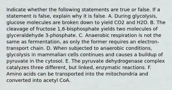 Indicate whether the following statements are true or false. If a statement is false, explain why it is false. A. During glycolysis, glucose molecules are broken down to yield CO2 and H2O. B. The cleavage of fructose 1,6-bisphosphate yields two molecules of glyceraldehyde 3-phosphate. C. Anaerobic respiration is not the same as fermentation, as only the former requires an electron-transport chain. D. When subjected to anaerobic conditions, glycolysis in mammalian cells continues and causes a buildup of pyruvate in the cytosol. E. The pyruvate dehydrogenase complex catalyzes three different, but linked, enzymatic reactions. F. Amino acids can be transported into the mitochondria and converted into acetyl CoA.