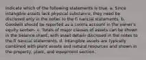 Indicate which of the following statements is true. a. Since intangible assets lack physical substance, they need be disclosed only in the notes to the fi nancial statements. b. Goodwill should be reported as a contra account in the owner's equity section. c. Totals of major classes of assets can be shown in the balance sheet, with asset details disclosed in the notes to the fi nancial statements. d. Intangible assets are typically combined with plant assets and natural resources and shown in the property, plant, and equipment section.