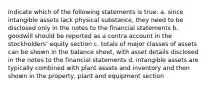 Indicate which of the following statements is true: a. since intangible assets lack physical substance, they need to be disclosed only in the notes to the financial statements b. goodwill should be reported as a contra account in the stockholders' equity section c. totals of major classes of assets can be shown in the balance sheet, with asset details disclosed in the notes to the financial statements d. intangible assets are typically combined with plant assets and inventory and then shown in the property, plant and equipment section