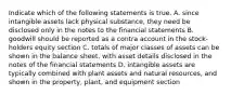 Indicate which of the following statements is true. A. since intangible assets lack physical substance, they need be disclosed only in the notes to the financial statements B. goodwill should be reported as a contra account in the stock-holders equity section C. totals of major classes of assets can be shown in the balance sheet, with asset details disclosed in the notes of the financial statements D. intangible assets are typically combined with plant assets and natural resources, and shown in the property, plant, and equipment section