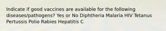 Indicate if good vaccines are available for the following diseases/pathogens? Yes or No Diphtheria Malaria HIV Tetanus Pertussis Polio Rabies Hepatitis C