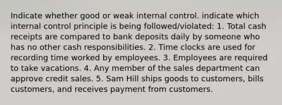 Indicate whether good or weak <a href='https://www.questionai.com/knowledge/kjj42owoAP-internal-control' class='anchor-knowledge'>internal control</a>. indicate which internal control principle is being followed/violated: 1. Total cash receipts are compared to bank deposits daily by someone who has no other cash responsibilities. 2. Time clocks are used for recording time worked by employees. 3. Employees are required to take vacations. 4. Any member of the sales department can approve credit sales. 5. Sam Hill ships goods to customers, bills customers, and receives payment from customers.