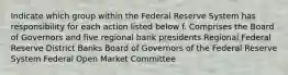 Indicate which group within the Federal Reserve System has responsibility for each action listed below f. Comprises the Board of Governors and five regional bank presidents Regional Federal Reserve District Banks Board of Governors of the Federal Reserve System Federal Open Market Committee