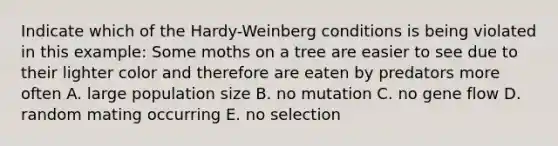 Indicate which of the Hardy-Weinberg conditions is being violated in this example: Some moths on a tree are easier to see due to their lighter color and therefore are eaten by predators more often A. large population size B. no mutation C. no gene flow D. random mating occurring E. no selection