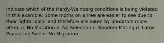 Indicate which of the Hardy-Weinberg conditions is being violated in this example: Some moths on a tree are easier to see due to their lighter color and therefore are eaten by predators more often. a. No Mutation b. No Selection c. Random Mating d. Large Population Size e. No Migration