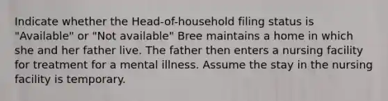 Indicate whether the Head-of-household filing status is "Available" or "Not available" Bree maintains a home in which she and her father live. The father then enters a nursing facility for treatment for a mental illness. Assume the stay in the nursing facility is temporary.