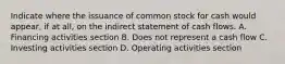 Indicate where the issuance of common stock for cash would appear, if at all, on the indirect statement of cash flows. A. Financing activities section B. Does not represent a cash flow C. Investing activities section D. Operating activities section