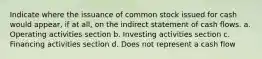 Indicate where the issuance of common stock issued for cash would appear, if at all, on the indirect statement of cash flows. a. Operating activities section b. Investing activities section c. Financing activities section d. Does not represent a cash flow