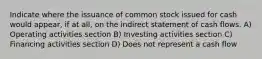 Indicate where the issuance of common stock issued for cash would appear, if at all, on the indirect statement of cash flows. A) Operating activities section B) Investing activities section C) Financing activities section D) Does not represent a cash flow