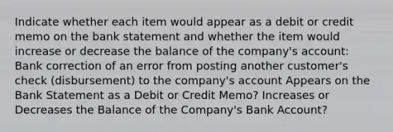 Indicate whether each item would appear as a debit or credit memo on the bank statement and whether the item would increase or decrease the balance of the company's account: Bank correction of an error from posting another customer's check (disbursement) to the company's account Appears on the Bank Statement as a Debit or Credit Memo? Increases or Decreases the Balance of the Company's Bank Account?