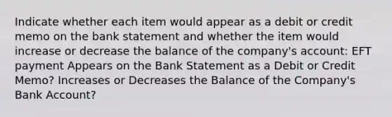 Indicate whether each item would appear as a debit or credit memo on the bank statement and whether the item would increase or decrease the balance of the company's account: EFT payment Appears on the Bank Statement as a Debit or Credit Memo? Increases or Decreases the Balance of the Company's Bank Account?