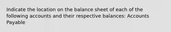 Indicate the location on the balance sheet of each of the following accounts and their respective balances: <a href='https://www.questionai.com/knowledge/kWc3IVgYEK-accounts-payable' class='anchor-knowledge'>accounts payable</a>