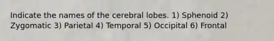 Indicate the names of the cerebral lobes. 1) Sphenoid 2) Zygomatic 3) Parietal 4) Temporal 5) Occipital 6) Frontal