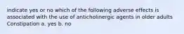 indicate yes or no which of the following adverse effects is associated with the use of anticholinergic agents in older adults Constipation a. yes b. no