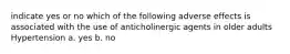 indicate yes or no which of the following adverse effects is associated with the use of anticholinergic agents in older adults Hypertension a. yes b. no