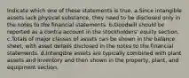 Indicate which one of these statements is true. a.Since intangible assets lack physical substance, they need to be disclosed only in the notes to the financial statements. b.Goodwill should be reported as a contra account in the stockholders' equity section. c.Totals of major classes of assets can be shown in the balance sheet, with asset details disclosed in the notes to the financial statements. d.Intangible assets are typically combined with plant assets and inventory and then shown in the property, plant, and equipment section.