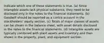 Indicate which one of these statements is true. (a) Since intangible assets lack physical substance, they need to be disclosed only in the notes to the financial statements. (b) Goodwill should be reported as a contra account in the stockholders' equity section. (c) Totals of major classes of assets can be shown in the balance sheet, with asset details disclosed in the notes to the financial statements. (d) Intangible assets are typically combined with plant assets and inventory and then shown in the property, plant, and equipment section.