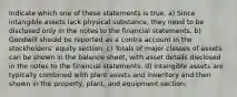 Indicate which one of these statements is true. a) Since intangible assets lack physical substance, they need to be disclosed only in the notes to the financial statements. b) Goodwill should be reported as a contra account in the stockholders' equity section. c) Totals of major classes of assets can be shown in the balance sheet, with asset details disclosed in the notes to the financial statements. d) Intangible assets are typically combined with plant assets and inventory and then shown in the property, plant, and equipment section.