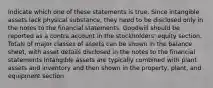 Indicate which one of these statements is true. Since intangible assets lack physical substance, they need to be disclosed only in the notes to the financial statements. Goodwill should be reported as a contra account in the stockholders' equity section. Totals of major classes of assets can be shown in the balance sheet, with asset details disclosed in the notes to the financial statements Intangible assets are typically combined with plant assets and inventory and then shown in the property, plant, and equipment section